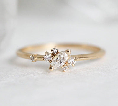 Marquise-Cut White Diamond Ring with Asymmetric Array of Side Diamonds