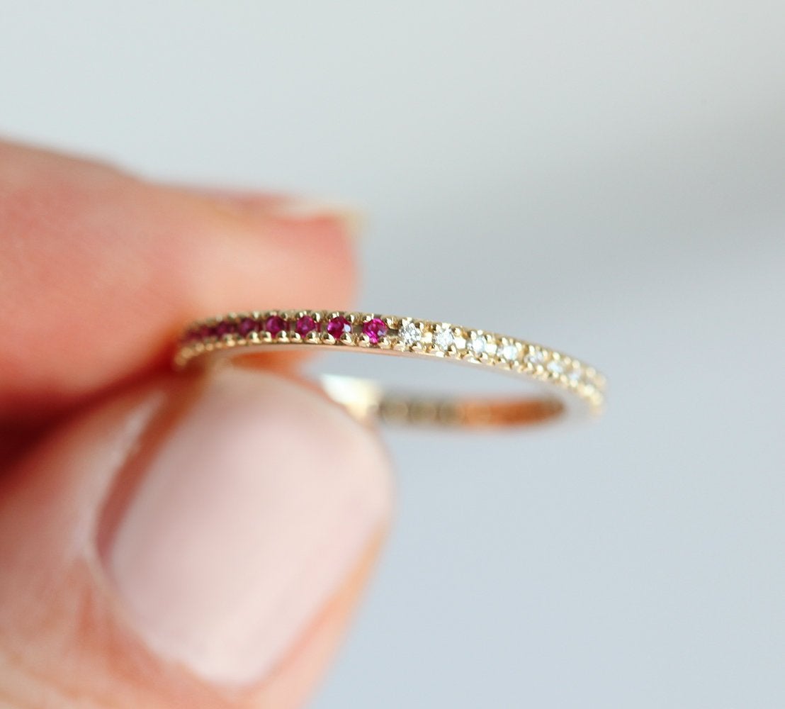 Round Ruby Half Eternity Wedding Band with other half populated with Round White Diamonds