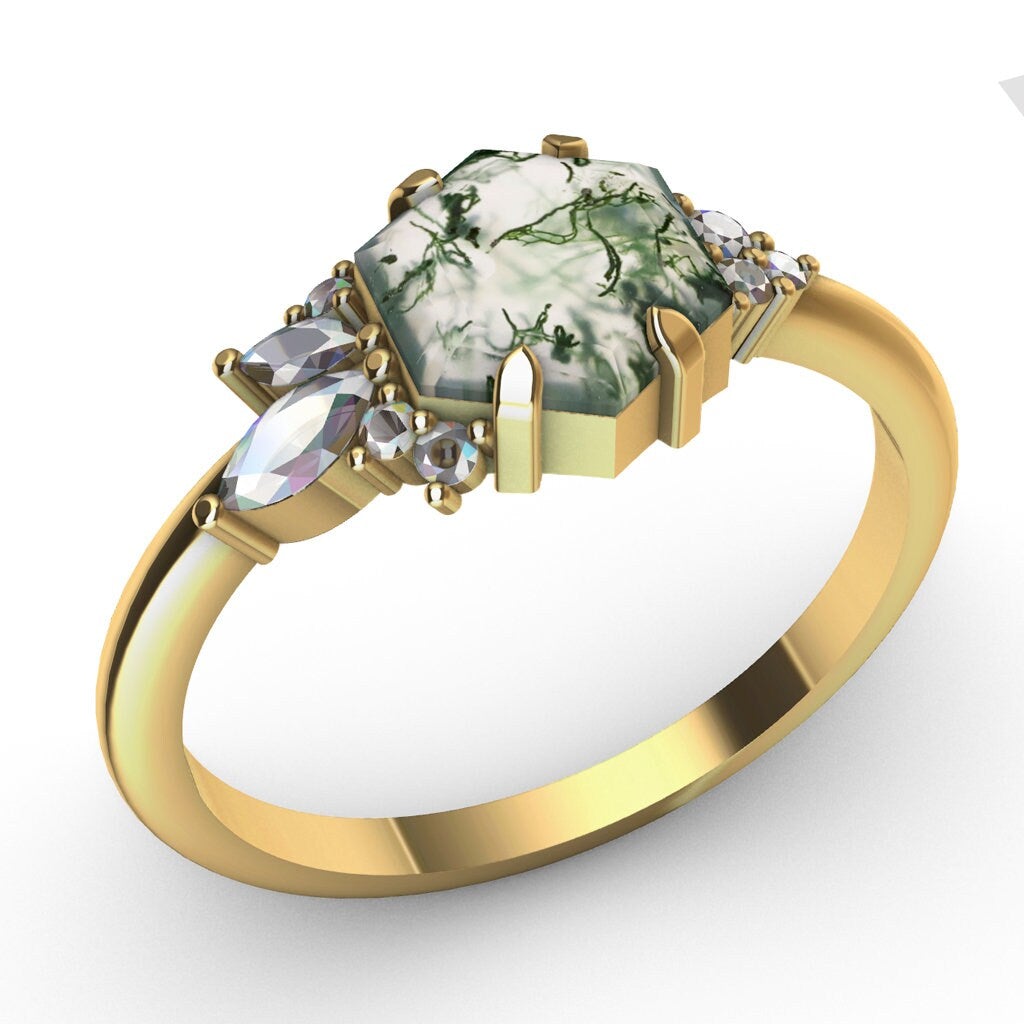 Hexagon Moss Agate, Yellow Gold Ring with Accent Marquise-Cut and Round White Diamonds