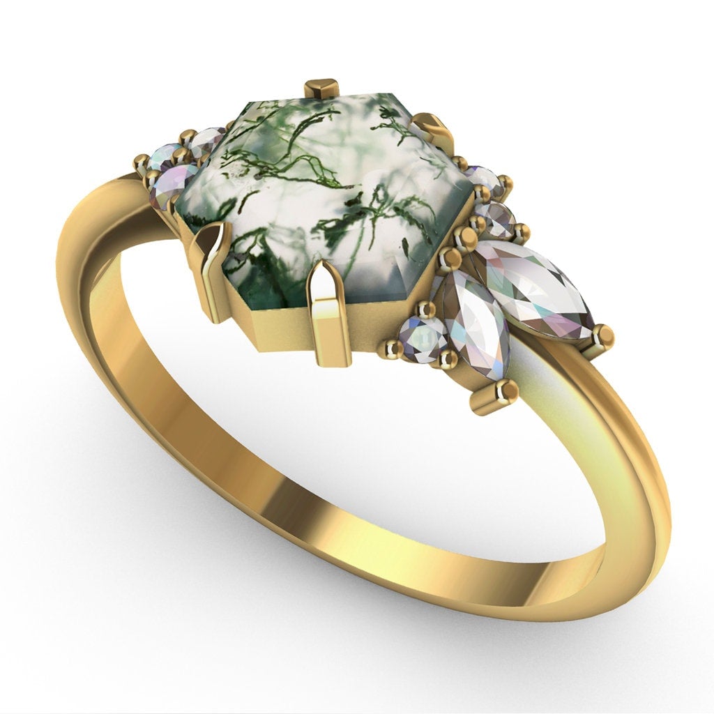 Hexagon Moss Agate, Yellow Gold Ring with Accent Marquise-Cut and Round White Diamonds