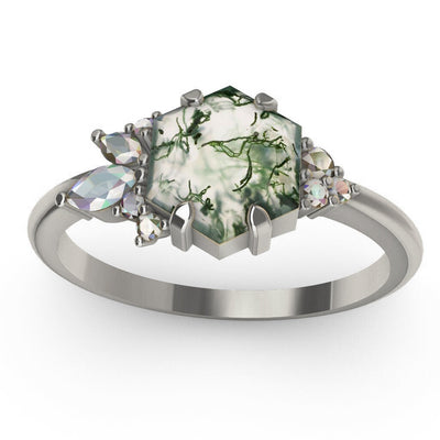 Hexagon Moss Agate, Platinum Ring with Accent Marquise-Cut and Round White Diamonds