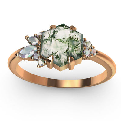 Hexagon Moss Agate, Rose Gold Ring with Accent Marquise-Cut and Round White Diamonds