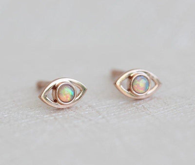 Eye-shaped round white australian opal stud earrings