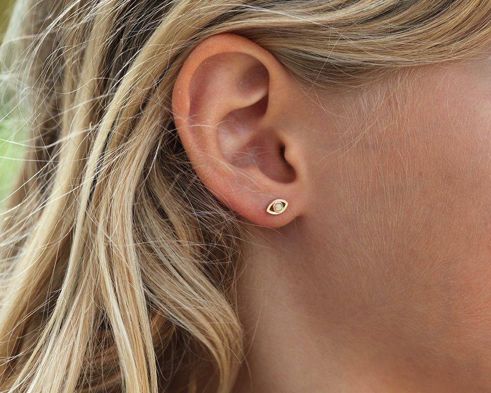 Eye-shaped round white australian opal stud earrings