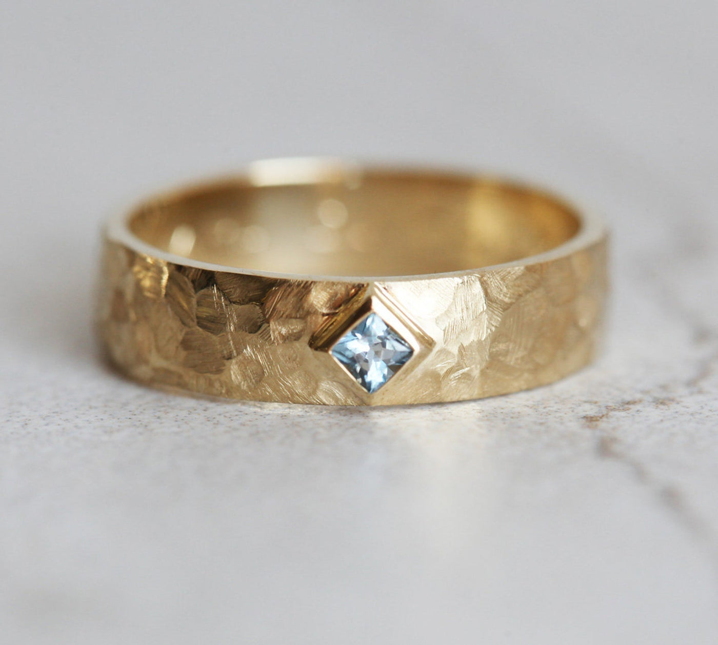 Faceted Gold Ring, 5Mm Industrial Rough Hammered Ring, Geometric Minimalist Band, Hammered Gold Ring For Him-Capucinne