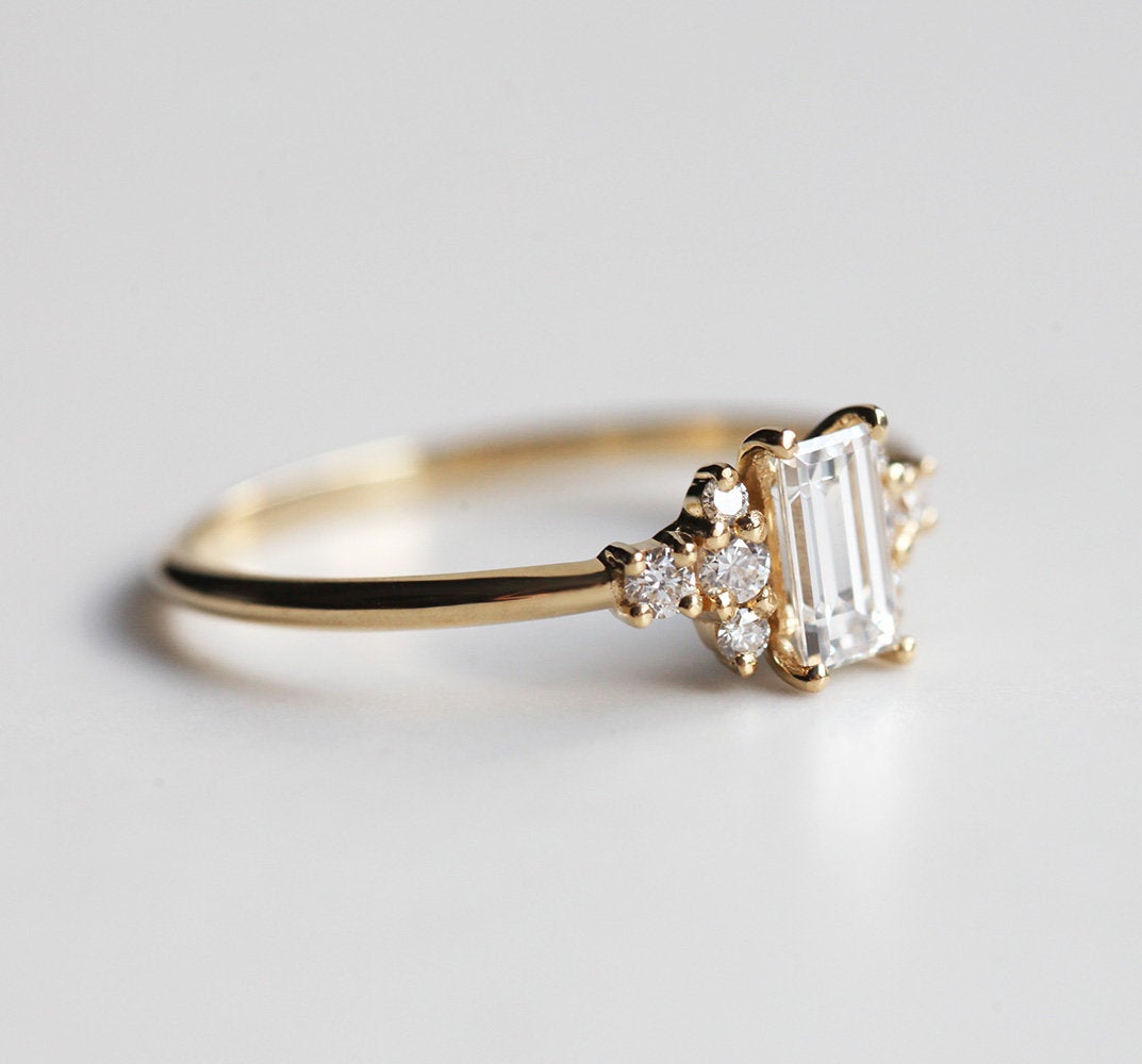 Baguette White Diamond Cluster Ring with Side White Diamonds