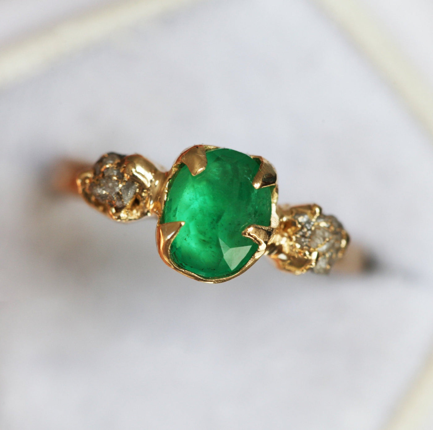 Fancy-Cut Natural Emerald Ring With Raw Diamonds