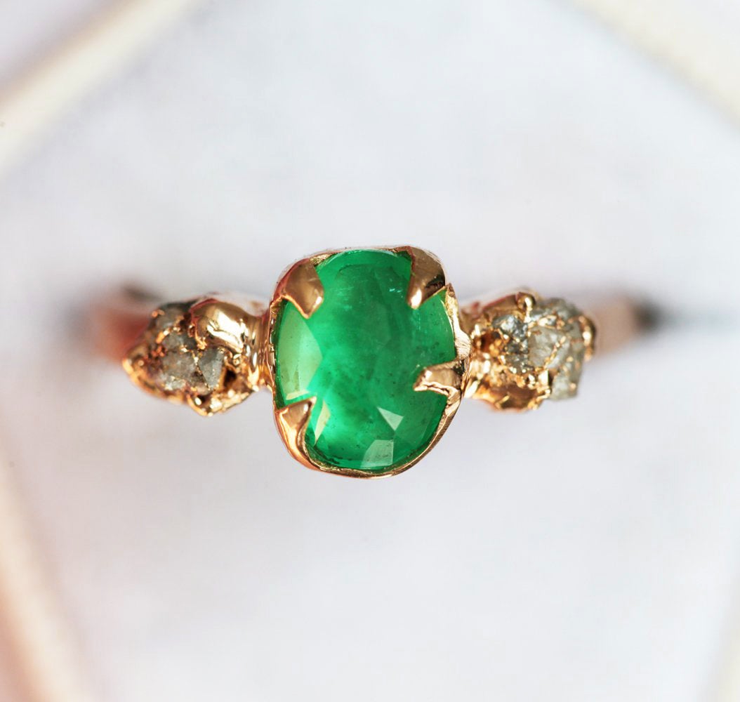 Fancy-Cut Natural Emerald Ring With Raw Diamonds