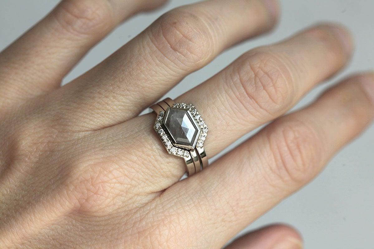 Hexagon Salt & Pepper Diamond Ring with Round White Side Diamonds