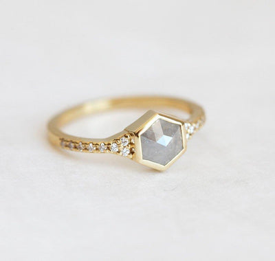 Hexagon Salt & Pepper Diamond, Yellow Gold Ring with Round White Side Diamonds