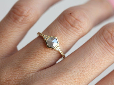 Hexagon Salt & Pepper Diamond, Yellow Gold Ring with Round White Side Diamonds