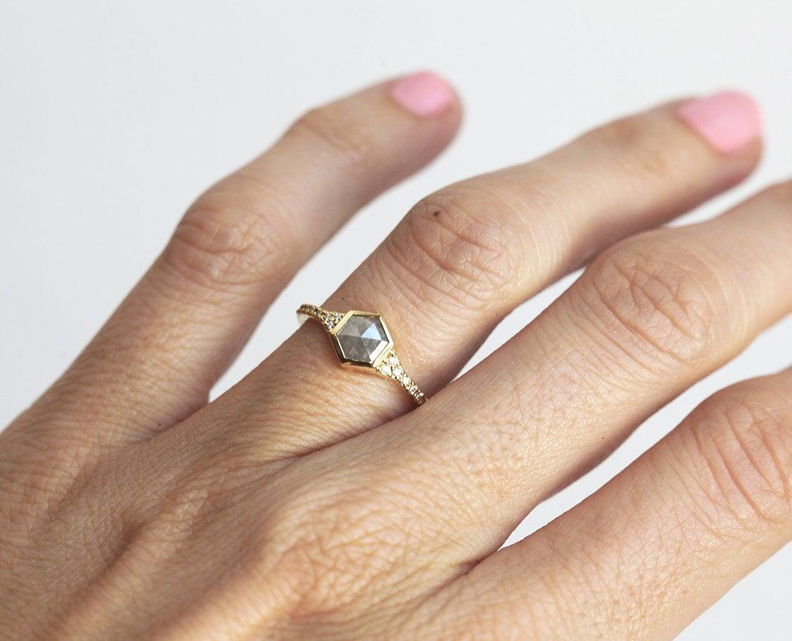 Hexagon Salt & Pepper Diamond, Yellow Gold Ring with Round White Side Diamonds
