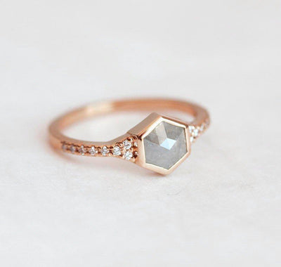 Hexagon Salt & Pepper Diamond, Rose Gold Ring with Round White Side Diamonds