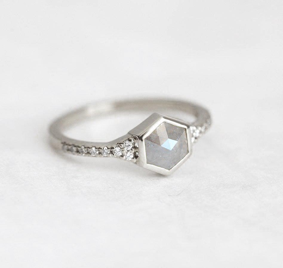 Hexagon Salt & Pepper Diamond, Platinum Ring with Round White Side Diamonds