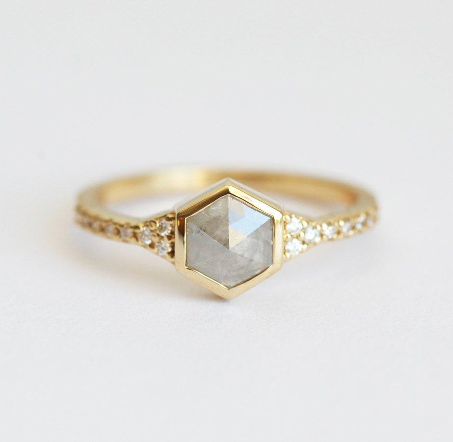 Hexagon Salt & Pepper Diamond, Yellow Gold Ring with Round White Side Diamonds