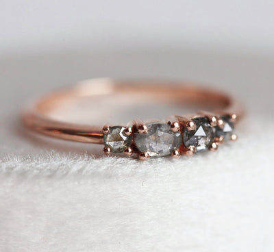 Round Salt & Pepper Diamond, Rose Gold Ring with Round and Oval Side Salt & Pepper Diamonds