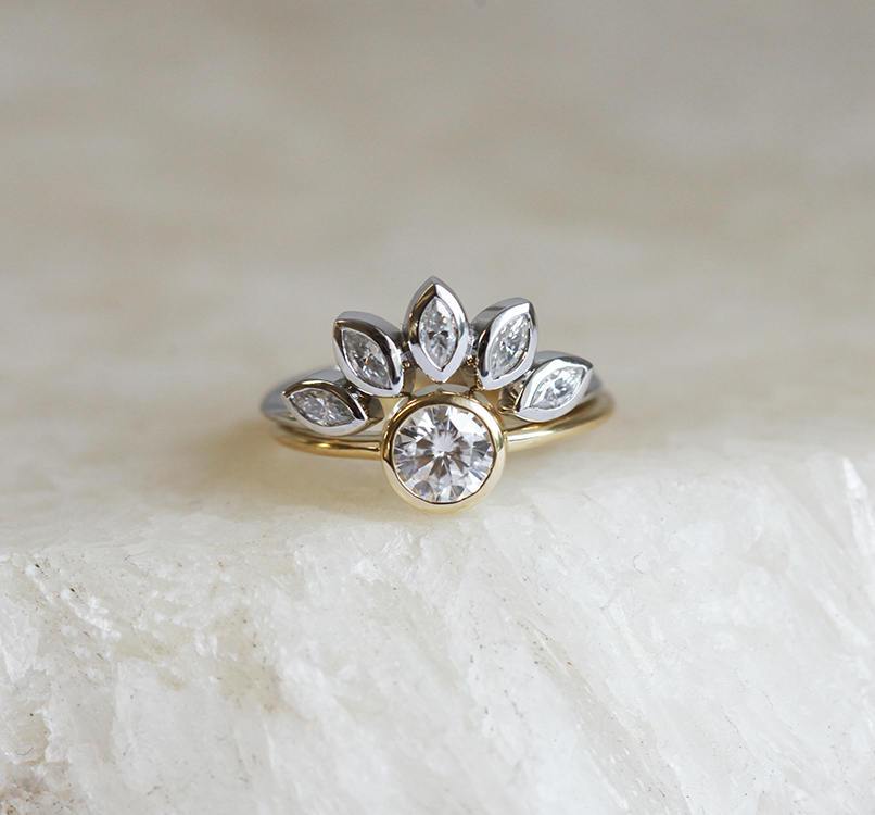 Round White Diamond Solitaire Ring with Marquise-Cut Diamond Petal Crown Band Ring