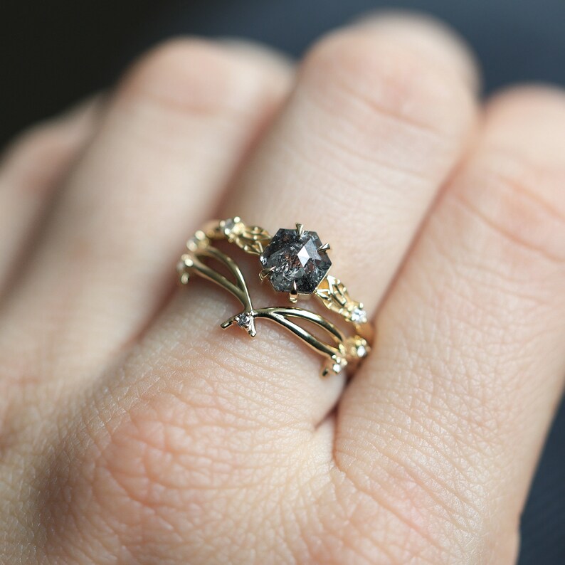 Hexagon Salt & Pepper Diamond Ring Set with Side Round White Diamonds and a Salt & Pepper Diamond