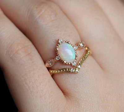 Unique Shape Vintage Oval Opal Ring with Side Round White Diamonds with V-Shaped Band
