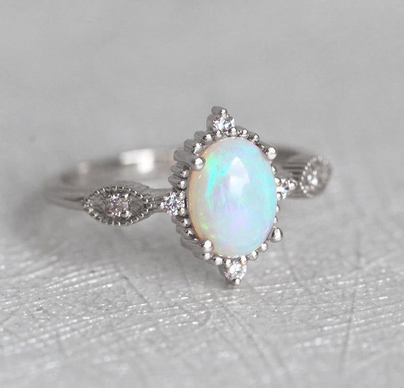 Unique Shape Vintage Oval Opal Ring with Side Round White Diamonds