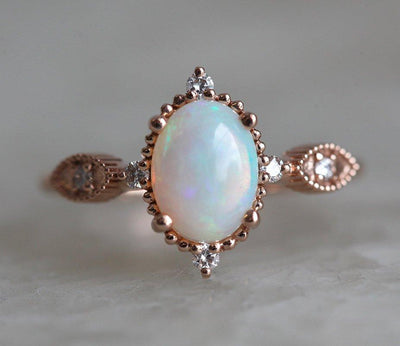 Unique Shape Vintage Oval Opal Ring with Side Round White Diamonds