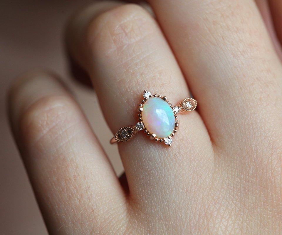 Unique Shape Vintage Oval Opal Ring with Side Round White Diamonds