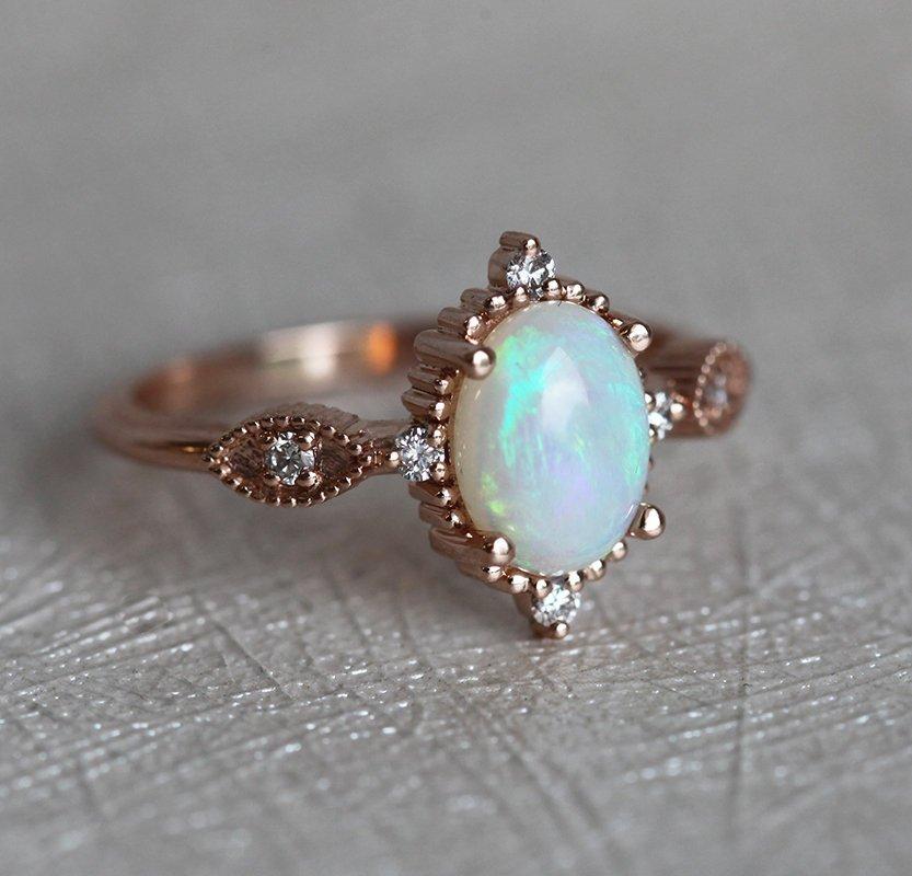 Unique Shape Vintage Oval Opal Ring with Side Round White Diamonds