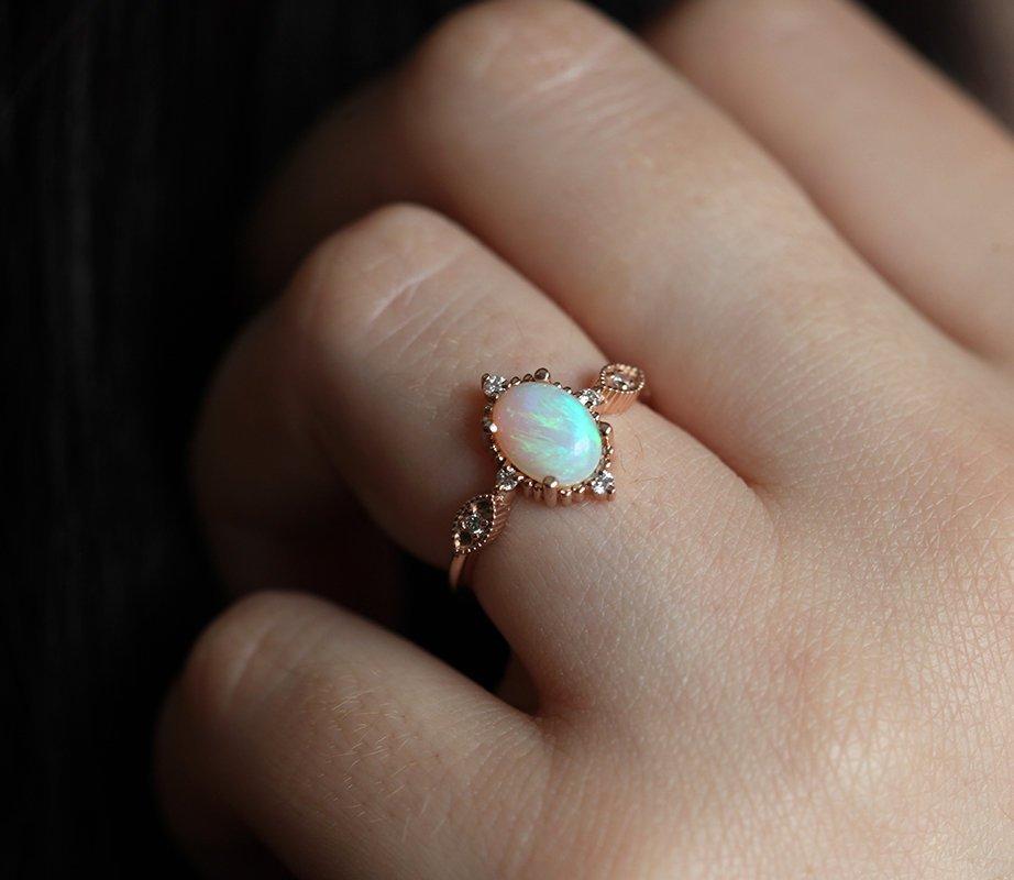 Unique Shape Vintage Oval Opal Ring with Side Round White Diamonds
