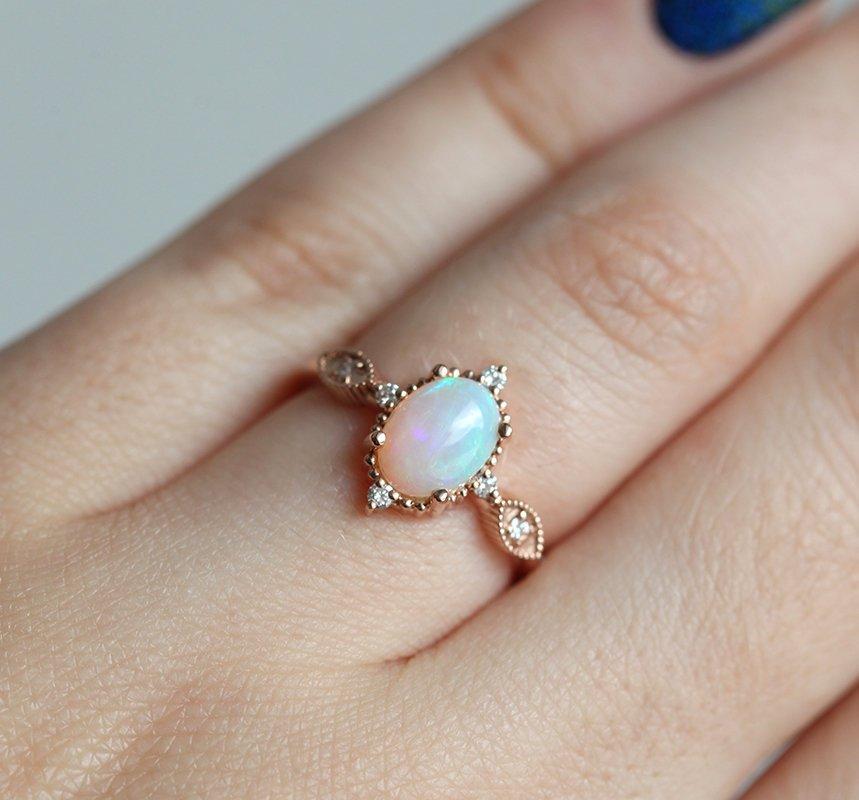 Unique Shape Vintage Oval Opal Ring with Side Round White Diamonds