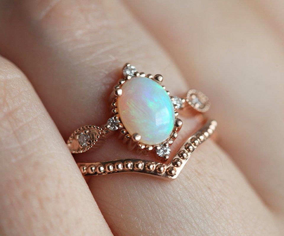 Unique Shape Vintage Oval Opal Ring with Side Round White Diamonds with V-Shaped Band