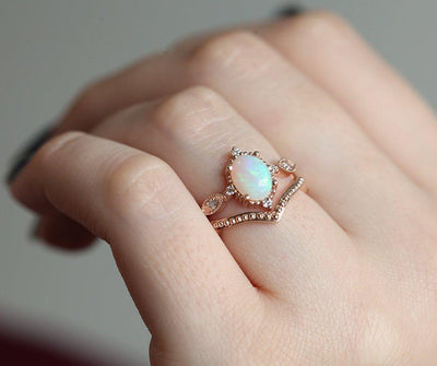 Unique Shape Vintage Oval Opal Ring with Side Round White Diamonds with V-Shaped Band