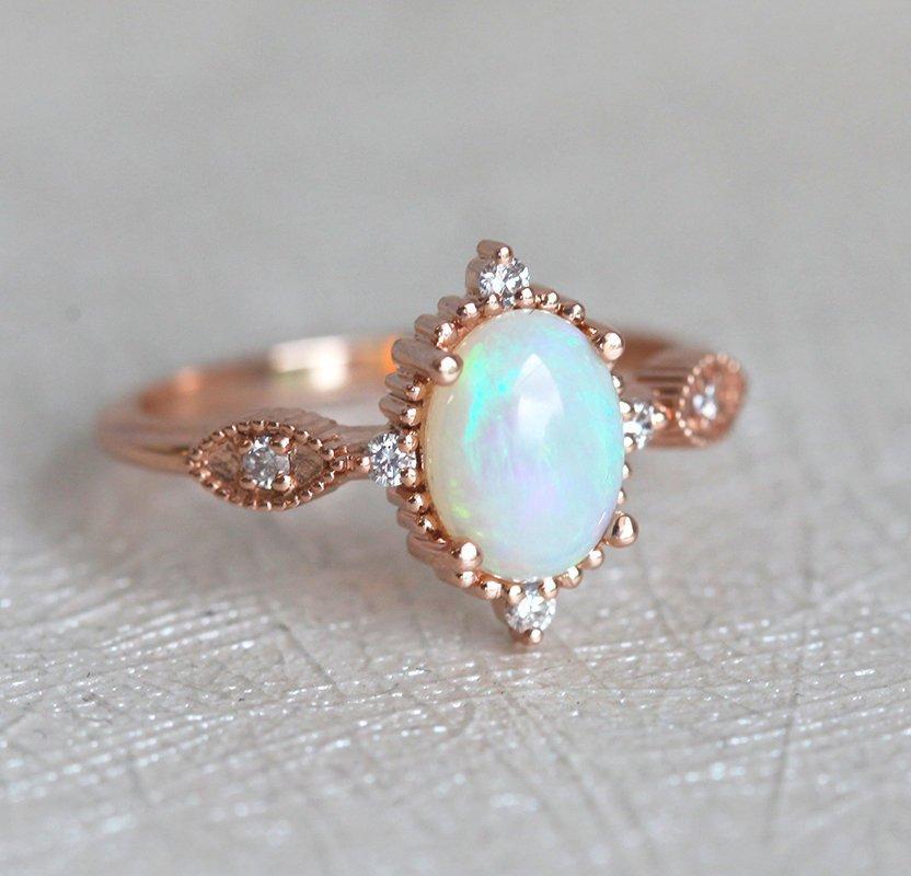 Unique Shape Vintage Oval Opal Ring with Side Round White Diamonds