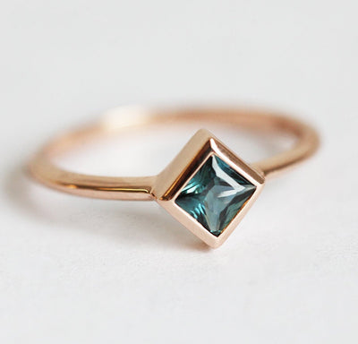 Square-shaped teal sapphire ring