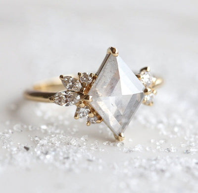 White Rhombus Salt & Pepper Diamond Ring with Marquise-Cut and Round White Side Diamonds