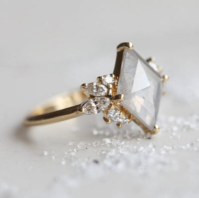 White Rhombus Salt & Pepper Diamond Ring with Marquise-Cut and Round White Side Diamonds