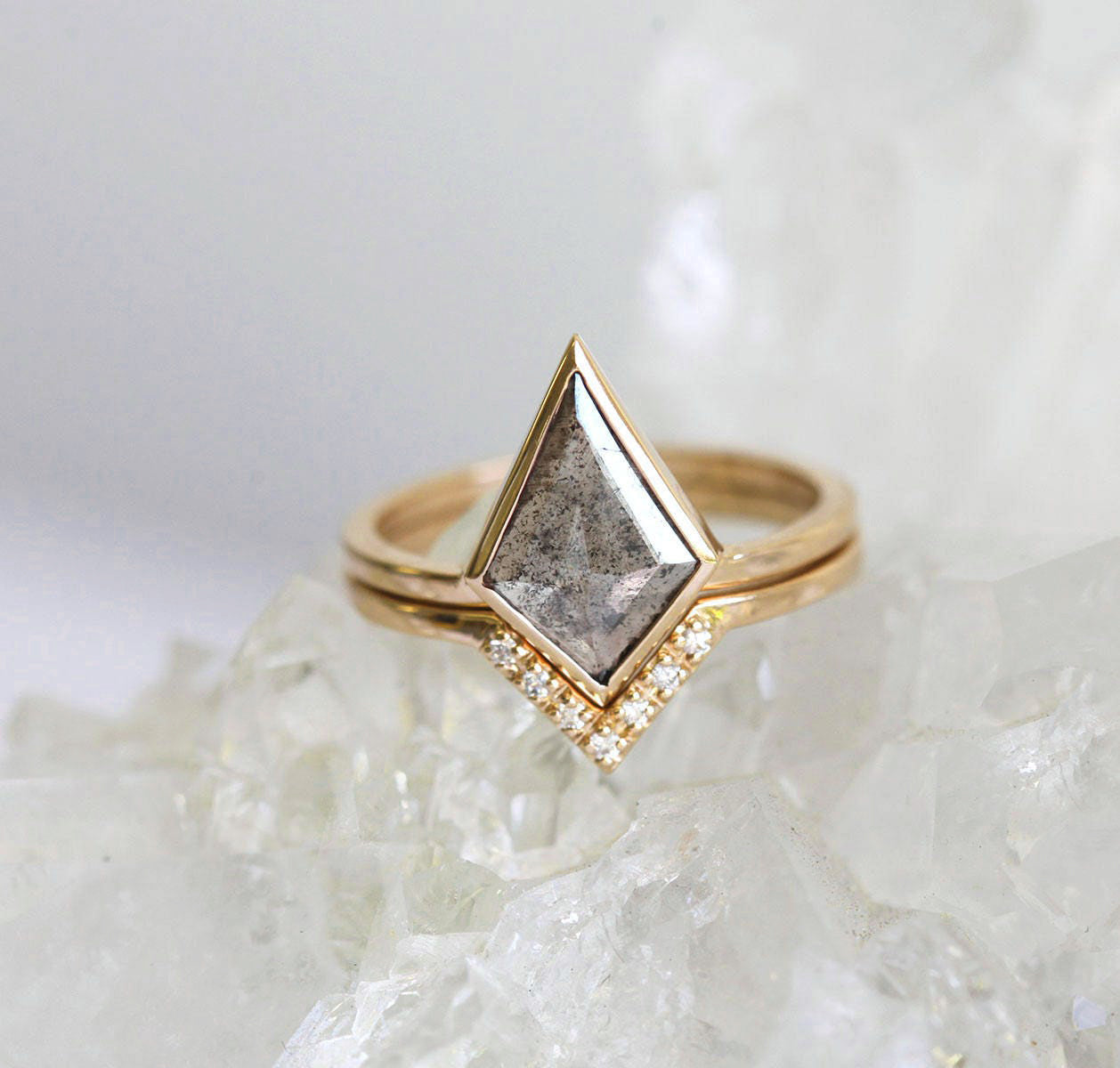 Kite Salt & Pepper Diamond, Yellow Gold Ring Set with White Diamond Side Stones