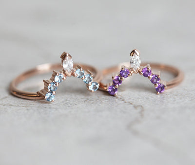 Curved Blue and Purple Gemstone Wedding Bands