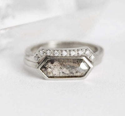 Hexagon Salt & Pepper Diamond, Platinum Ring Set with Round White Diamonds On Top