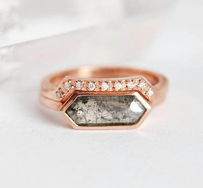 Hexagon Salt & Pepper Diamond, Rose Gold Ring Set with Round White Diamonds On Top