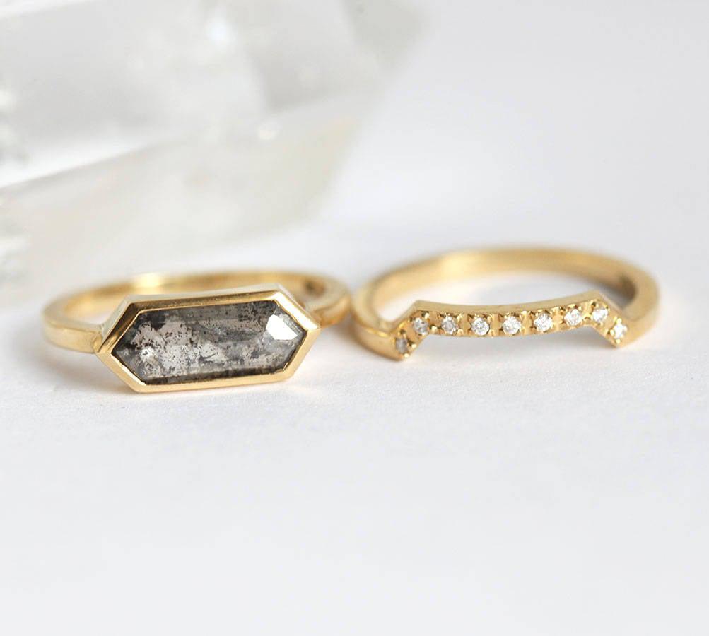 Hexagon Salt & Pepper Diamond Ring Set with Round White Diamonds On Top