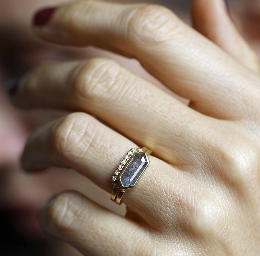 Hexagon Salt & Pepper Diamond Ring Set with Round White Diamonds On Top