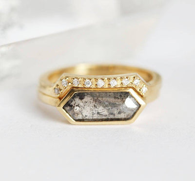 Hexagon Salt & Pepper Diamond Ring Set with Round White Diamonds On Top