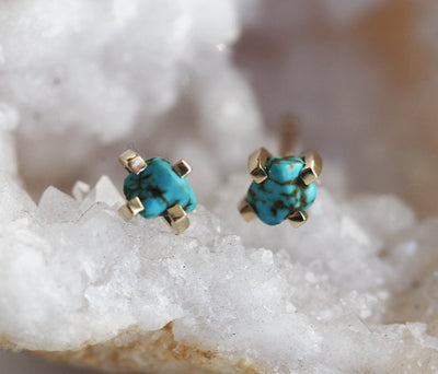 Raw blue turquoise gold stud earrings