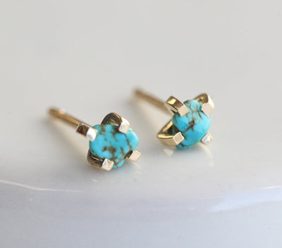 Raw blue turquoise gold stud earrings