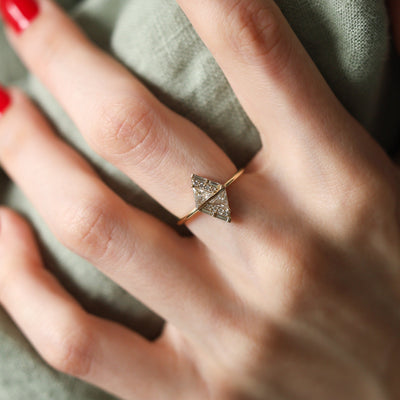 Art Deco inspired White Diamond Ring, with Triangle, Round and Baguette Cut Diamonds forming altogether a triangle shape