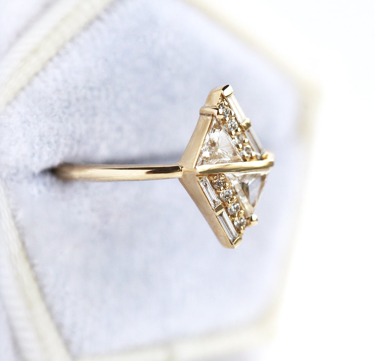 Art Deco inspired White Diamond Ring, with Triangle, Round and Baguette Cut Diamonds forming altogether a triangle shape