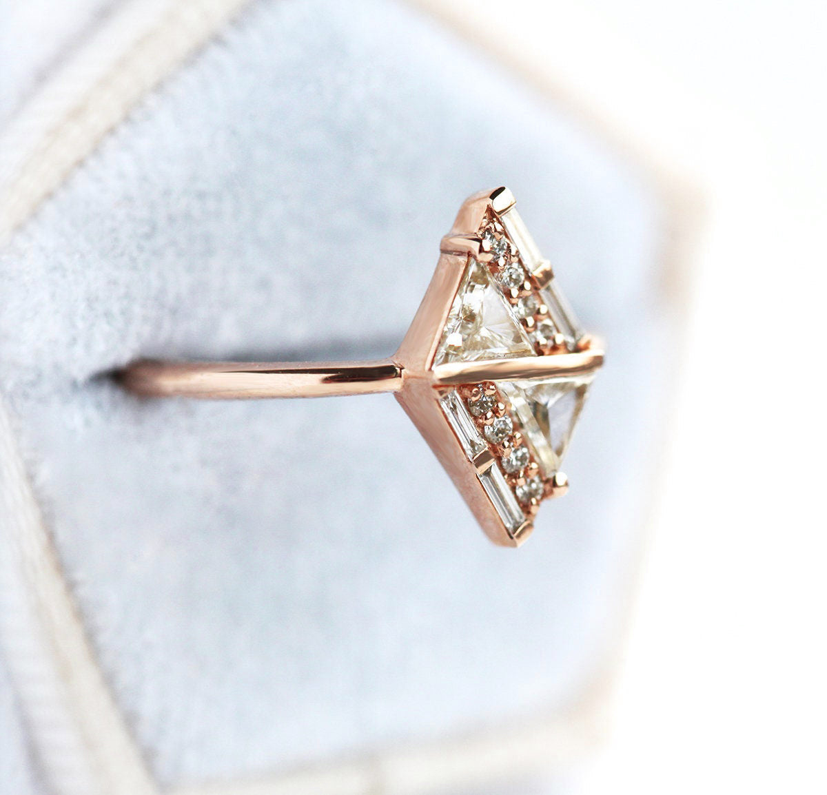 Art Deco inspired White Diamond Ring, with Triangle, Round and Baguette Cut Diamonds forming altogether a triangle shape