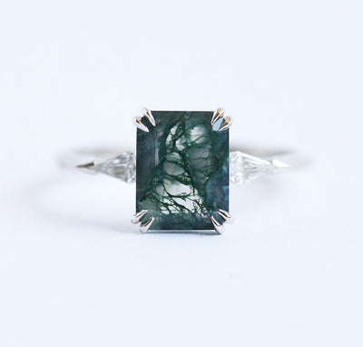 Emerald-Cut Green Moss Agate Ring with Accent White Diamonds