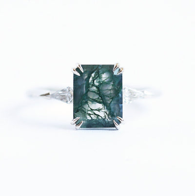 Emerald-Cut Green Moss Agate Ring with Accent White Diamonds