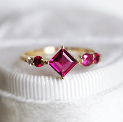 Pink Princess-Cut Tourmaline Cluster Ring with Side White Diamonds and Rubies